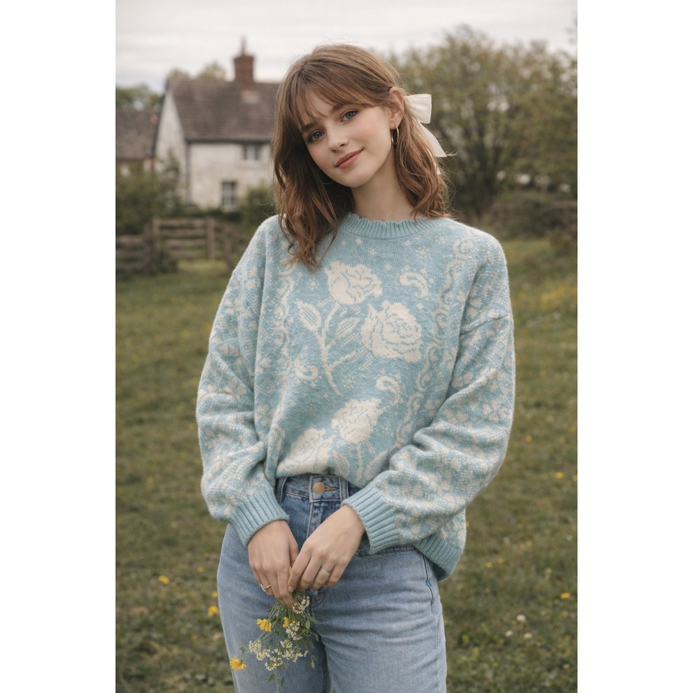 Vintage 80s Private Eye Cottagecore Knit‎ Sweater Rose Coastal Grandma Ugly USA
